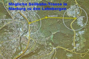 Skizze einer Seilbahnverbindung auf die Lahnberge