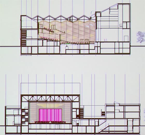 Schnittzeichnungen des Architekturbüros machen den Ansatz der Modernisierung der Stadthalle an der heutigen Struktur deutlich. Der zentrale große Saal der Stadthalle ist Herzstück und bleibt bestehen. Veränderungen und Erweiterungen leiten sich davon ab und orientieren sich daran.