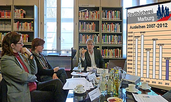 Jahresgespräch in der Marburger Stadtbibliothek mit Dezernentin Kerstin Weinbach, Cornelia Wiegand und Jürgen Hölzer. Foto und Montage Hartwig Bambey