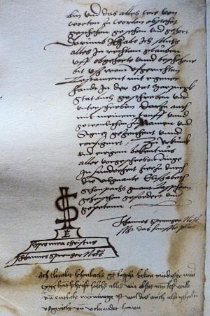 Blatt des Testaments von Elisabeth Schönbach (1470 - 1543) die sich als Bürgerin von Marburg als Stifterin betätigte.