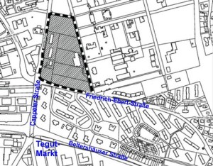 Planskizze zum Bebauungsplan-Entwurf 10/1 Cappeler Straße/Friedrich-Ebert-Straße mit Markierung der Fläche für Wohnbebauung.