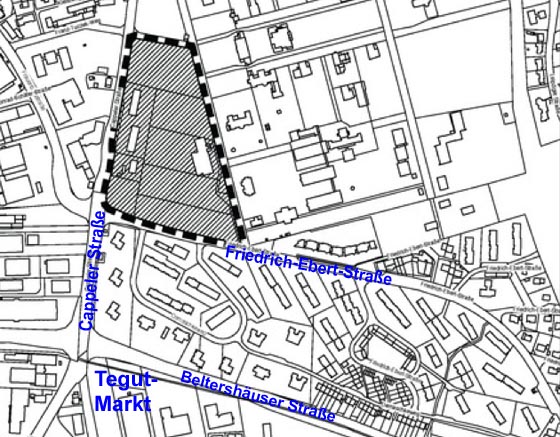 Planskizze zum Bebauungsplan-Entwurf 10/1 Cappeler Straße/Friedrich-Ebert-Straße mit Markierung der Fläche für Wohnbebauung.