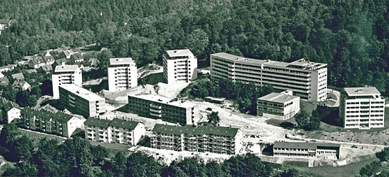 Das Studenten-Dorf Marburg in einer älteren undatierten Luftaunahme, zur Verfügung gestellt vom Studentenwerk Marburg. Fotograf unbekannt