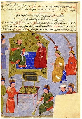 Prinz Tolui und seine Familie auf einer Miniatur aus der Handschrift Djame at-tawarikh; Herat/Iran, 15. Jahrhundert  Abbildung:  Bibliotheque Nationale, Paris
