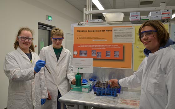 Marie Hormel (Sophie-von-Brabantschule Marburg), Michel Rinke (Gesamtschule Niederwalgern) und Dominik Becker (Sophie-von-Brabant-Schule Marburg) zeigten, wie man Glas mithilfe von Silbernitrat verspiegeln kann. Foto: Provadis