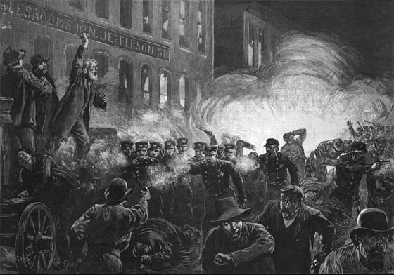 Arbeiterdemonstrationen von 1886 auf dem Haymarket. Zeitgenössische Zeichnung