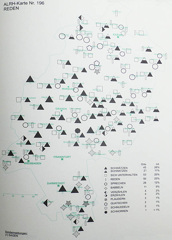 Kartierung des Wortes >Reden< in seiner Verwendung in Hessen mit anderen Worten wie 