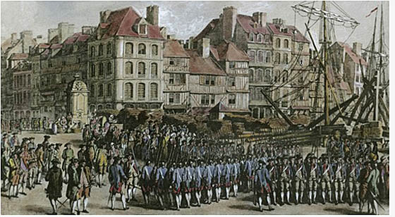 Hessischen Soldaten vor der Verschiffung zum einsatz in der Neuen Welt.