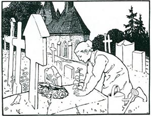 Eine Illustration von Otto Ubbelohde zum Aschenputtel-Märchen der Brüder Grimm zeigt die Mutter, die Aschenputtel am Grab beweint.