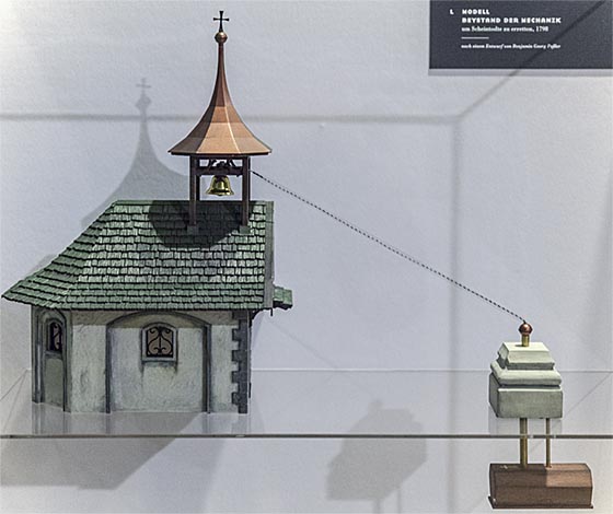 Ein Seilzug aus dem Sarg hin zur Glocke der Friedhofskapelle – ein Modell aus der Ausstellung >Vita Dubia< im Museum für Sepulkralkultur in Kassel. Sternbald-Foto Hartwig Bambey