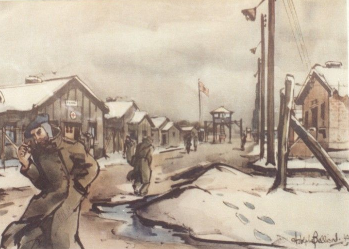 Aquarell eines französischen Kriegsgefangenen vom STALAG IX A Ziegenhain im Winter 1941